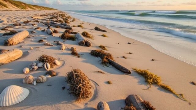 Coastal Serenity: An eye-level shot captures a serene beachfront scene, with seashells and driftwood artfully scattered across the golden sand, touched by gentle waves. 