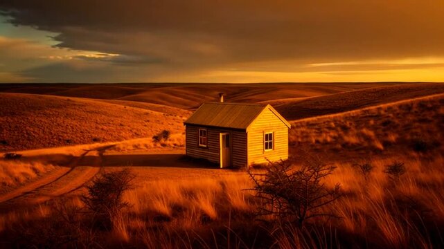 Solitary Cabin on the Horizon: A humble cabin stands silhouetted against a breathtaking backdrop of vast, rolling fields and a dramatic sky, evoking a sense of tranquility and solitude.