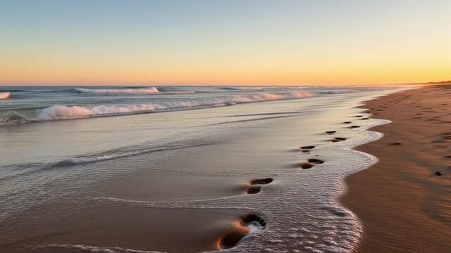 Footsteps in Paradise: Footprints on the shore lead to a horizon ablaze with the warm hues of sunset, whispering of journeys and untold stories. 