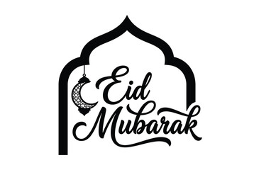 Fototapeta premium Eid mubarak greeting with a crescent moon inside an arched frame