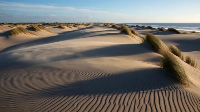 Coastal Dune Landscape: This image captures a serene coastal landscape featuring gently rolling sand dunes, creating a mesmerizing pattern in the foreground.