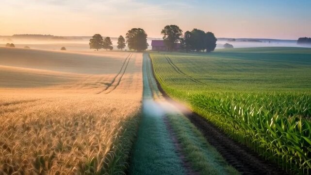 Agricultural Landscape: A split view of agricultural land under a beautiful sky, with a road leading towards a structure.