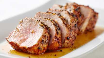 白い皿に美しく盛り付けられたジューシーな厚切りローストポークの和風ソース仕立て