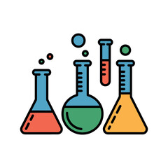 A colorful illustration of laboratory equipment including beakers and a test tube on a white background