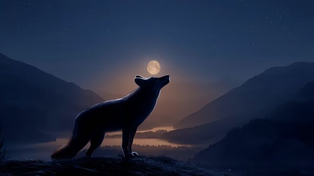 Wolf Howling at Full Moon in Mountains.