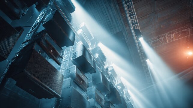Line Array Speakers Displayed From Below With Dramatic Views and Bright Lights in a Performance Space During a Sound Event