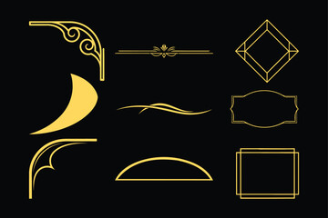Minimal Modern Gold Line Art Ornament Frames, Dividers and Curved Corners Vector Set