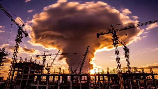 A construction site with cranes and buildings under development amidst a dramatic sunset with smoke or steam rising