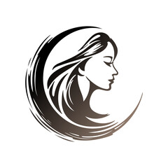 Beautiful woman face profile silhouette with long flowing hair logo design