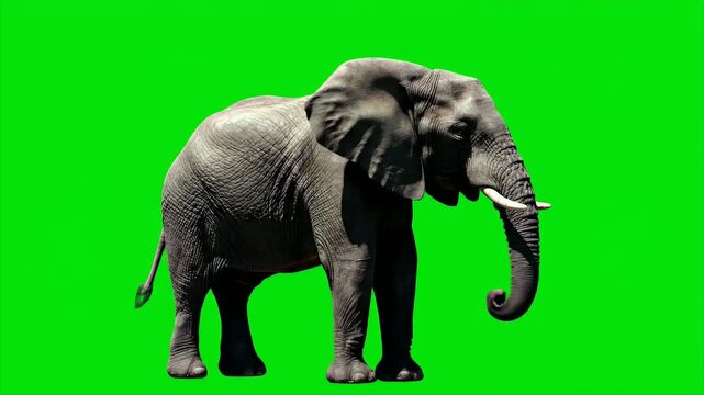 African Elephant Standing Tall Isolated on Green Screen Background Wildlife Animal and Chroma Key Effect for Visual