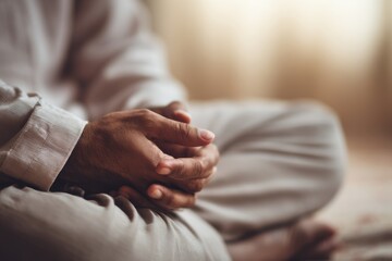 Close-up of human hands resting on a lap, symbolizing calmness, reflection, patience, and quiet contemplation