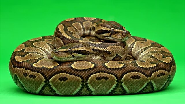 Ball Python Coiled On Green Screen Background Exotic Pet Python Regius With Brown and Tan Markings Isolated