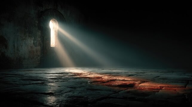 Mysterious Keyhole Shaped Window Emitting Light Beams Onto Ancient Stone Floor