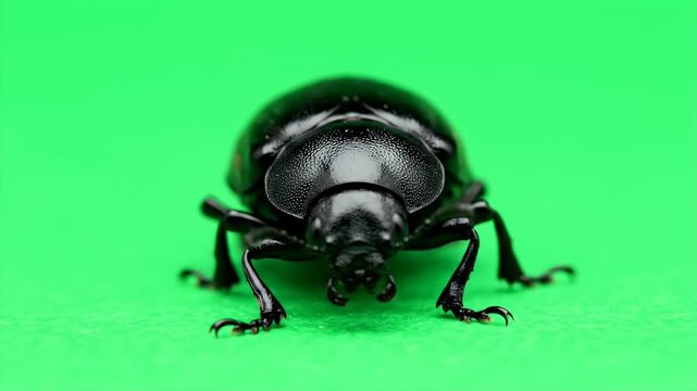 Black Dung Beetle Close-up on Green Screen Background in Macro Shot Displaying Detailed Anatomy and Shiny Carapace for