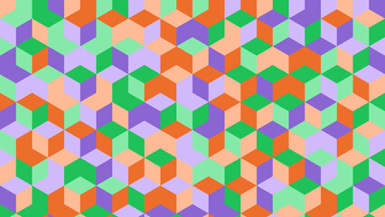 Colorful isometric cube pattern in playful orange, green, and purple, perfect for abstract backgrounds