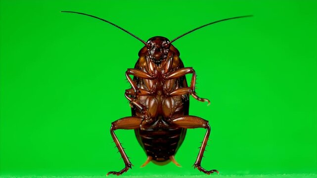 Brown Cockroach Upside Down Isolated on Green Screen Background Close Up Macro Shot Insect Pest Control Hygiene and