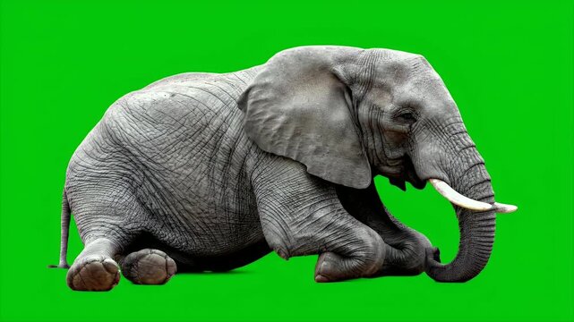 Captivating Elephant Resting Peacefully Isolated on Green Screen Background With Detailed Skin Texture and Prominent