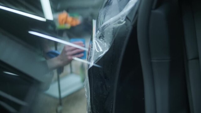 Professional detailer installing Paint Protection Film (PPF) on car B-pillar. Close-up of hands using squeegee and knife to apply transparent anti-gravel vinyl.