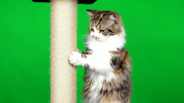 Cat Sharpening Claws on Scratching Post with Green Screen Background Cute Fluffy Domestic Feline Pet Maintenance and
