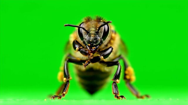 Close-Up of a Honeybee Face with Pollen on Legs Isolated on Green Screen Background Detailed Shot for Education