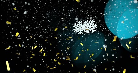 Gliding two stylized white snowflakes across black field, showing gold confetti and turquoise bokeh © vectorfusionart