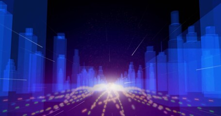 Naklejka premium Pulling view, bright horizon light guiding dotted roadway through city corridor with blue towers