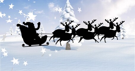 Gliding Santa silhouette wearing hat and cloak piloting sleigh over snow field with six reindeer
