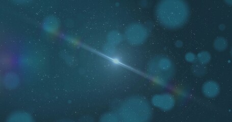 Obraz premium Glowing bright star emitting horizontal light beam across deep space, with lens flares and nebula