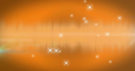Glowing amber gradient backdrop with central band, vertical streaks, star glints, teal flare
