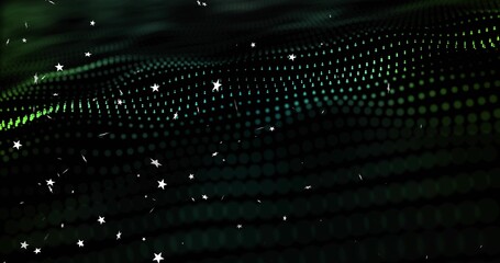 Flowing centered green teal dotted matrix moving across digital field, with white star specks