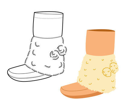 Cream pom-pom textured ankle boot women flat plus line set. Quilted surface with pom-pom trim for winter night cold. Technical fashion illustration CAD mockup mixed vector men unisex isolated style