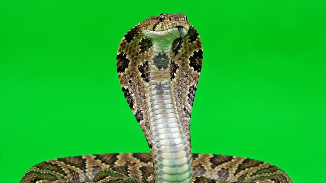 Detailed Close-Up of a Puff Adder Snake Displaying Hood Against a Green Screen Backdrop, Revealing Brown Scales and