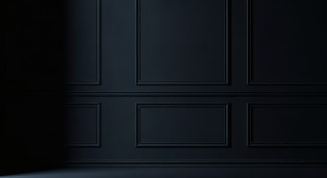 Luxury Dark Charcoal Wall Moulding with Classic Rectangular Wainscoting &ndash; Elegant Moody Interior Background Mockup
