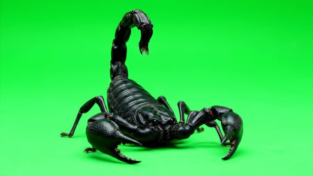 Detailed Portrait of Black Asian Forest Scorpion Walking Isolated On Green Screen Background In Bright Studio Lighting