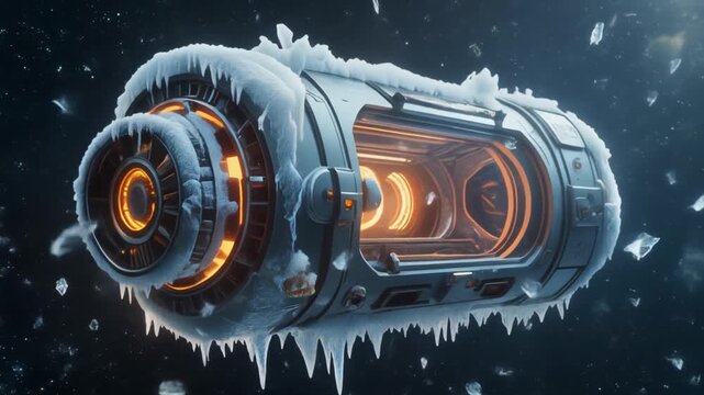 Frozen cryogenic capsule with glowing orange interior, icy texture, and snowy surroundings, viewed from the side in a cold environment