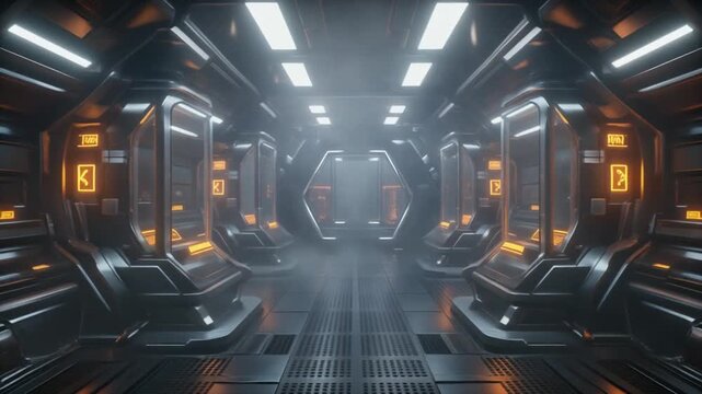 Futuristic spacecraft interior viewed from a central corridor with sleek metallic surfaces and glowing orange accents