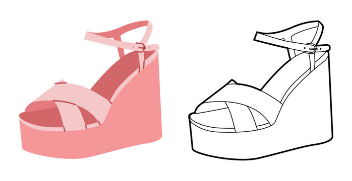 Pink platform wedge sandal women flat plus line set. Cross strap ankle buckle summer footwear for holiday. Technical fashion illustration, CAD mockup, mixed vector men unisex isolated stylish style.