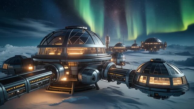 Futuristic research station modules illuminate icy landscape under aurora borealis in a serene winter landscape view