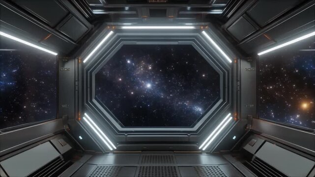 Futuristic spacecraft corridor with octagonal window viewing galaxy stars and nebulae from interior perspective