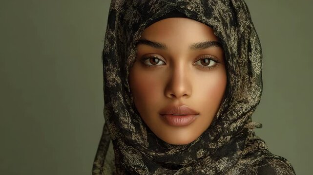 Beautiful Young Muslim Woman Wearing a Stylish Hijab with Glowing Olive Skin and Hazel Eyes