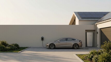 Electric Car Charging at Home with Rooftop Solar Panels, Clean Modern Driveway in Soft Morning Light with Copy Space