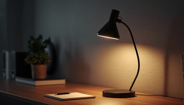 A video showcasing a black desk lamp on a wooden table with a notebook and plant in a cozy indoor setting