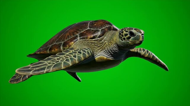 Green Sea Turtle Swimming Against Chroma Key Green Screen Marine Animal for Visual Effects Composition Purposes