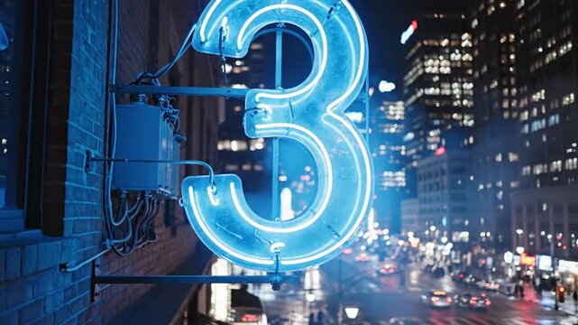 A large neon number three glows bright blue above a bustling city street at night with traffic and tall buildings