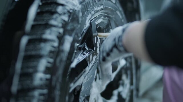 Сar wash worker cleaning vehicle windshield with soapy sponge. Man washing grey car with foam at the detailing garage.