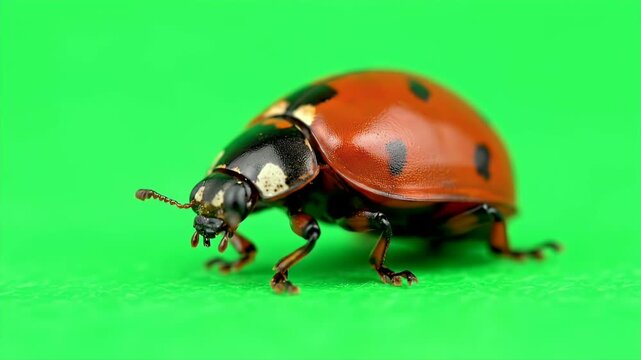 Ladybug Walking Isolated on Green Screen Background with Macro Focus Red and Black Insect Detailed Close Up