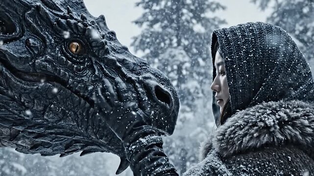 Cinematic Portrait of Hooded Woman Standing Beside Dark Dragon in Winter Storm
