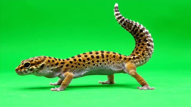Leopard Gecko Posing Against Green Screen with Yellow Skin Black Spots Curled Tail in Studio Shot for Education and