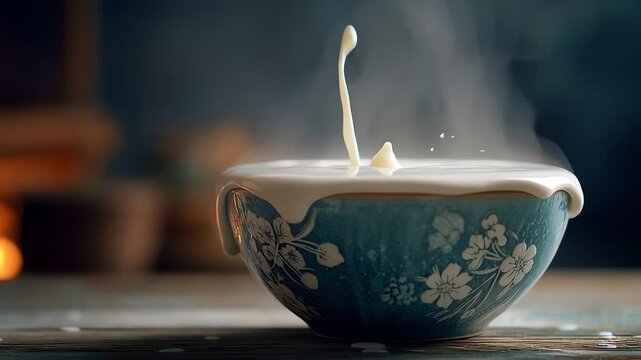 Steaming Hot Beverage in Decorative Bowl.
