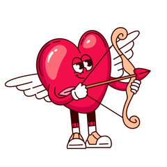 Naklejka premium Heart character shooting arrow in pose for Valentine Day. Red character groovy heart with wings, bow, arrow, focused face, arms, legs and shoes. Cartoon vector illustration.